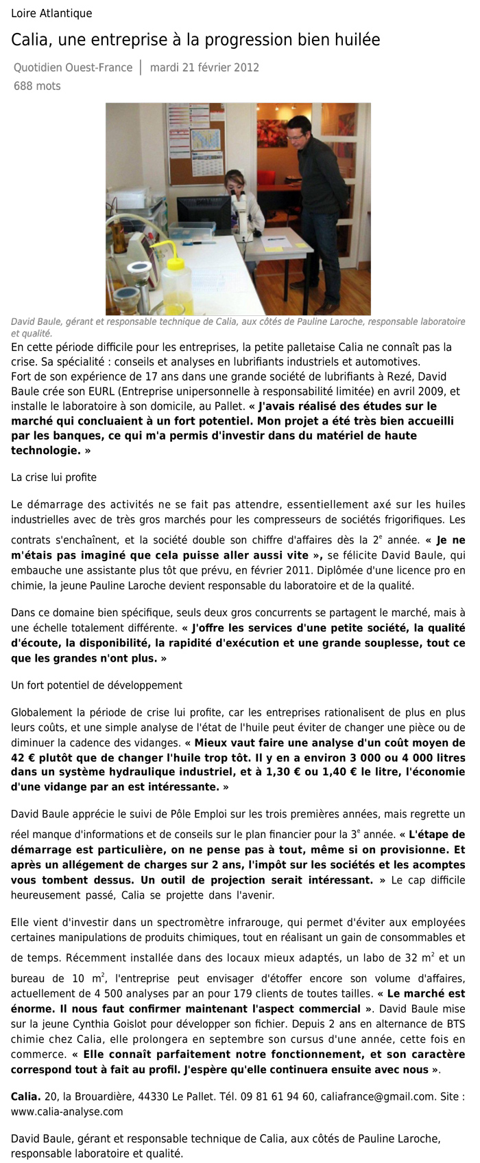 Calia article Ouest France du 21/02/2012